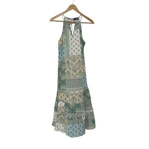 Green Blue Patchwork Boho Maxi Dress Halter Neck‎ Tiered Skirt Size M Flowy